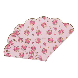 May include: Four pink cupcake liners with a floral pattern and scalloped edges. The liners are made of paper and have a gold trim. The text "Baking Time" is printed on the liners.