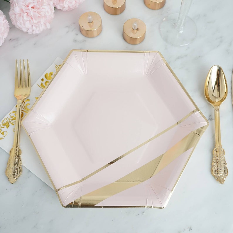 25 Blush Pink & Gold Paper Plates Dinner Hexagon Foil 25 Etsy