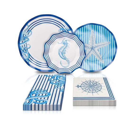 Nautical Disposable Paper Plates, 64 piece set, 8 Dinner Plates, 8 Salad Plates, 8 Appetizer Bowls, 20 Guest Napkins, 20 Cocktail Napkins Il_570xn