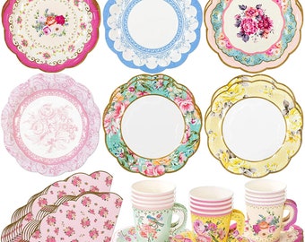 Vintage Floral Tea Party Supplies , Scalloped Paper Plates, Napkins, Tea Cups , Wedding Parties, Bridal Shower, Baby Shower, Birthday Party