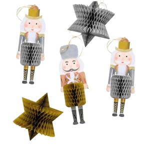 May include: Set of five paper honeycomb decorations featuring a gray star, two gold stars, and two nutcracker figures with gold accents.