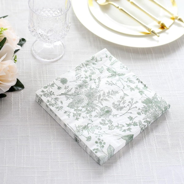 20 Pack White Sage Green Floral Print, Paper Lunch Napkins, 2-Ply Disposable  Napkins