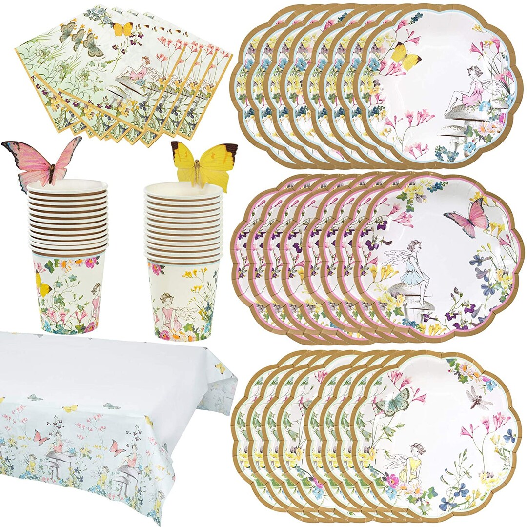 Party Bundle for 24 Guests Fairy Plates, Napkins, Cups, Table Cover Gold Scalloped Girl Birthday