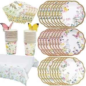 May include: A fairy-themed party supplies set with a white tablecloth, napkins, plates, cups, and a butterfly design.