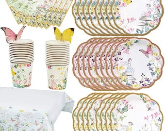 Party Bundle for 24 Guests | Fairy Plates, Napkins, Cups, Table Cover | Gold Scalloped Girl Birthday Garden Party, Bridal Baby Shower