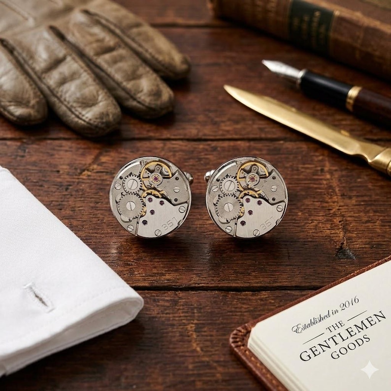Vintage Watch Movement Cufflinks, Steampunk Mechanical Gear Jewelry image 1