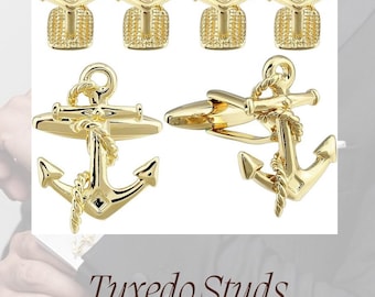 Gold Anchor Cufflinks and Tuxedo Studs Set, Nautical Wedding Formal Shirt Accessory