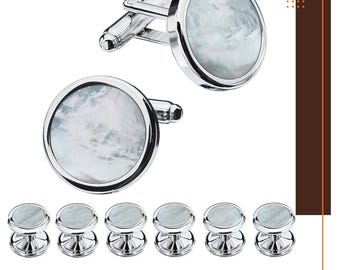 Mother of Pearl Cufflinks and Tuxedo Studs Set – Silver Color Formal Jewelry