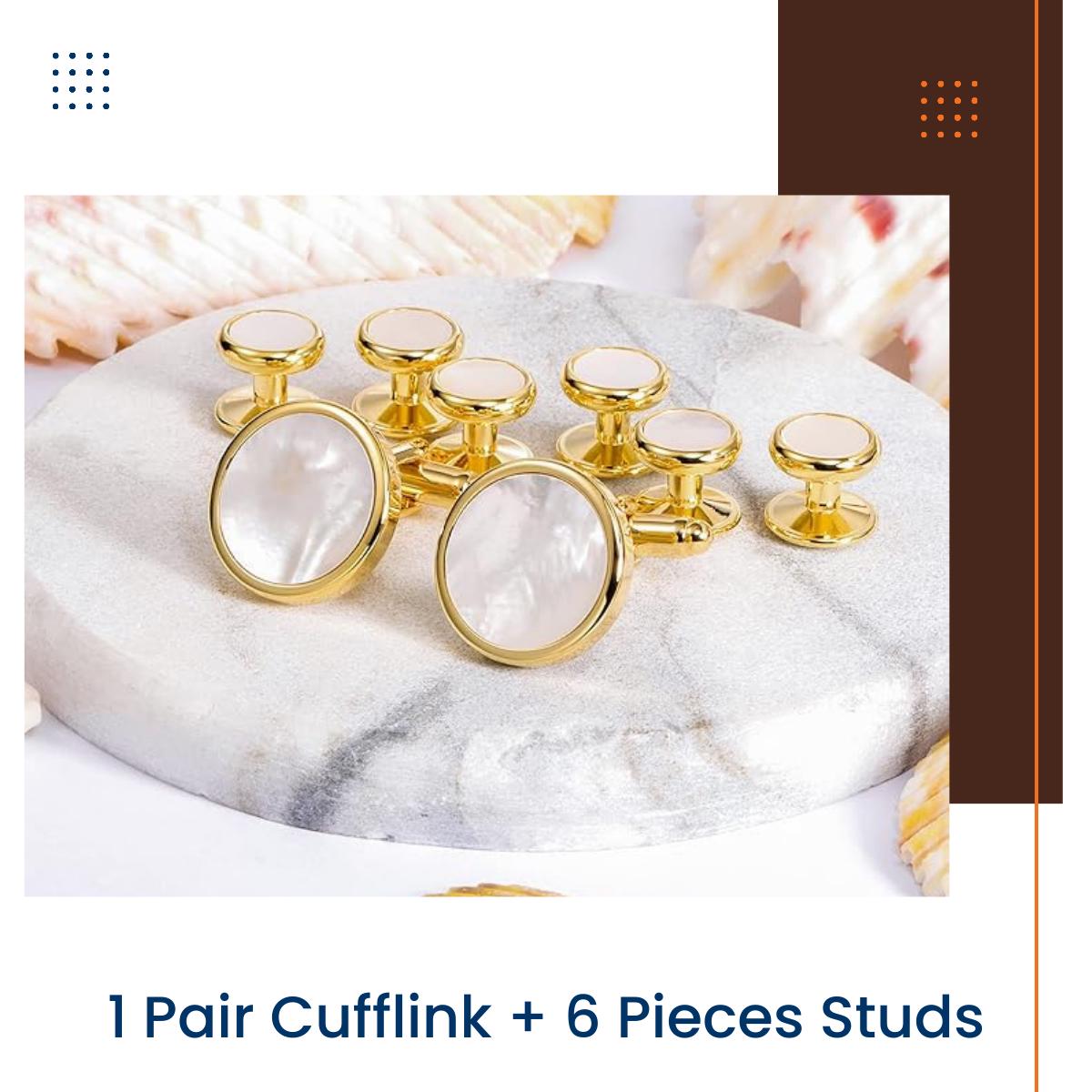 Mother of Pearl Cufflinks and Tuxedo Studs Set - Gold or Silver Formal Jewelry