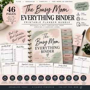 May include: A 46-page printable planner bundle titled The Busy Mom Everything Binder. The set includes a binder cover with sage green and blush pink brushstrokes, tabbed dividers, and various planning sheets for budgets, meals, and schedules.
