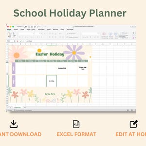 Op de afbeelding: Een digitale Schoolvakantieplanner-sjabloon weergegeven op een computerscherm. De spreadsheet heeft de titel "Paasvakantie" en bevat secties voor wekelijkse planning, met bloemen- en pastelkleurige designelementen. De woorden "Direct downloaden", "Excel-formaat" en "Thuis bewerken" zijn ook zichtbaar.