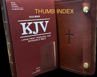 KJV Bijbel met druksluiting, index, grote letters (11,25 pt), handzaam formaat, bruin leer. Rode letters, vergulde randen, bladwijzerlint.