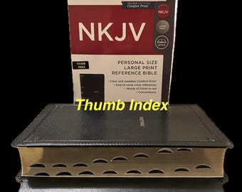 NKJV MAGNETIC CLOSURE Large Print(10.5pt) Thumb Indexed Personal Size Bible, Black Leathersoft, Red Letter, Guilded Pages, 2 Satin Ribbons