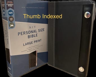 NIV SNAPFLAP CLOSURE Large Print(11.5 point) Thumb Indexed Personal Size Bible, Smooth Black Leathersoft. Gilded pages, Red Letter, Maps
