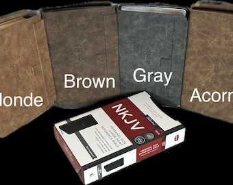 NKJV MagFlap Magnetic Closure Large Print (10.5pt) Personal Size Bible CUSTOMIZED Distressed Leathersoft. Red Letter, 2 Ribbons Gilded Pages