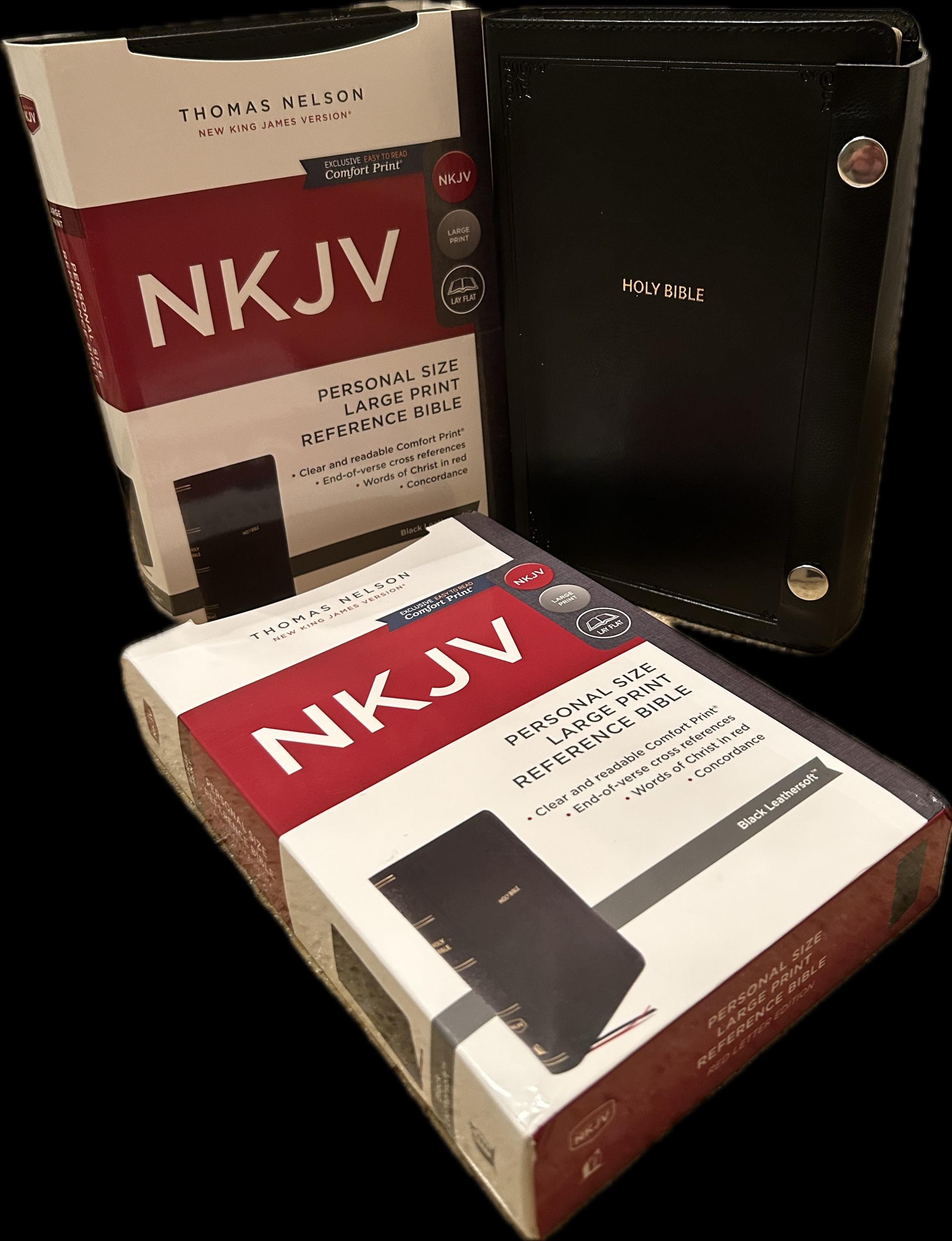 NKJV SNAP CLOSURE Large Print(10.5pt) Personal Size Bible, Black Leathersoft, Red Letter, Guilded Pages, 2 Satin Ribbons, Lay Flat Maps