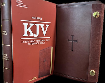 KJV-bijbel met druksluiting, grote letterdruk (11,25 pt), handformaat, bruin leerachtig materiaal, rode letters, vergulde pagina's, bladwijzerlint, 2 kolommen