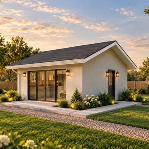 May include: A detached single-story structure with light-colored stucco walls, a dark shingled gable roof, and a concrete patio. The building features large sliding glass doors, a dark entry door, and four black wall-mounted outdoor lanterns.