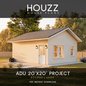 May include: A single-story house plan titled HOUZZ HOUSE PLANS ADU 20'X20' PROJECT STUDIO 400SF PDF INSTANT DOWNLOAD. The structure features light-colored exterior walls, a dark shingled roof, a white door, and three windows with black wall-mounted lamps.