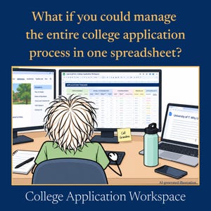 May include: An illustration of a person at a desk with two computer monitors and a laptop displaying a college application spreadsheet. The text reads: What if you could manage the entire college application process in one spreadsheet? College Application Workspace.