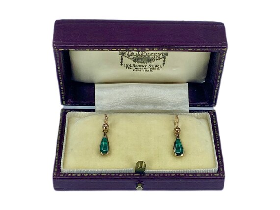 Vintage 9ct Gold Malachite Drop Earrings, Retro 9K