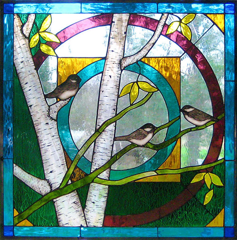 Chickadee mandala stained glass art window panel beautiful | Etsy