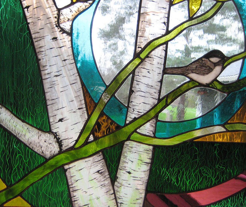 Chickadee mandala stained glass art window panel beautiful | Etsy