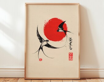 Japanische Schwalbe - Minimalistische Vogel-Wandkunst, traditionelles Sonnen-Kunstwerk