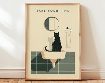 Minimalistische schwarze Katze Badezimmer Druck, moderne neutrale Wandkunst