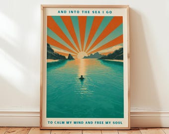 Vintage Ocean Sunrise Schwimmen Poster - Retro Calm Mind Wandkunst