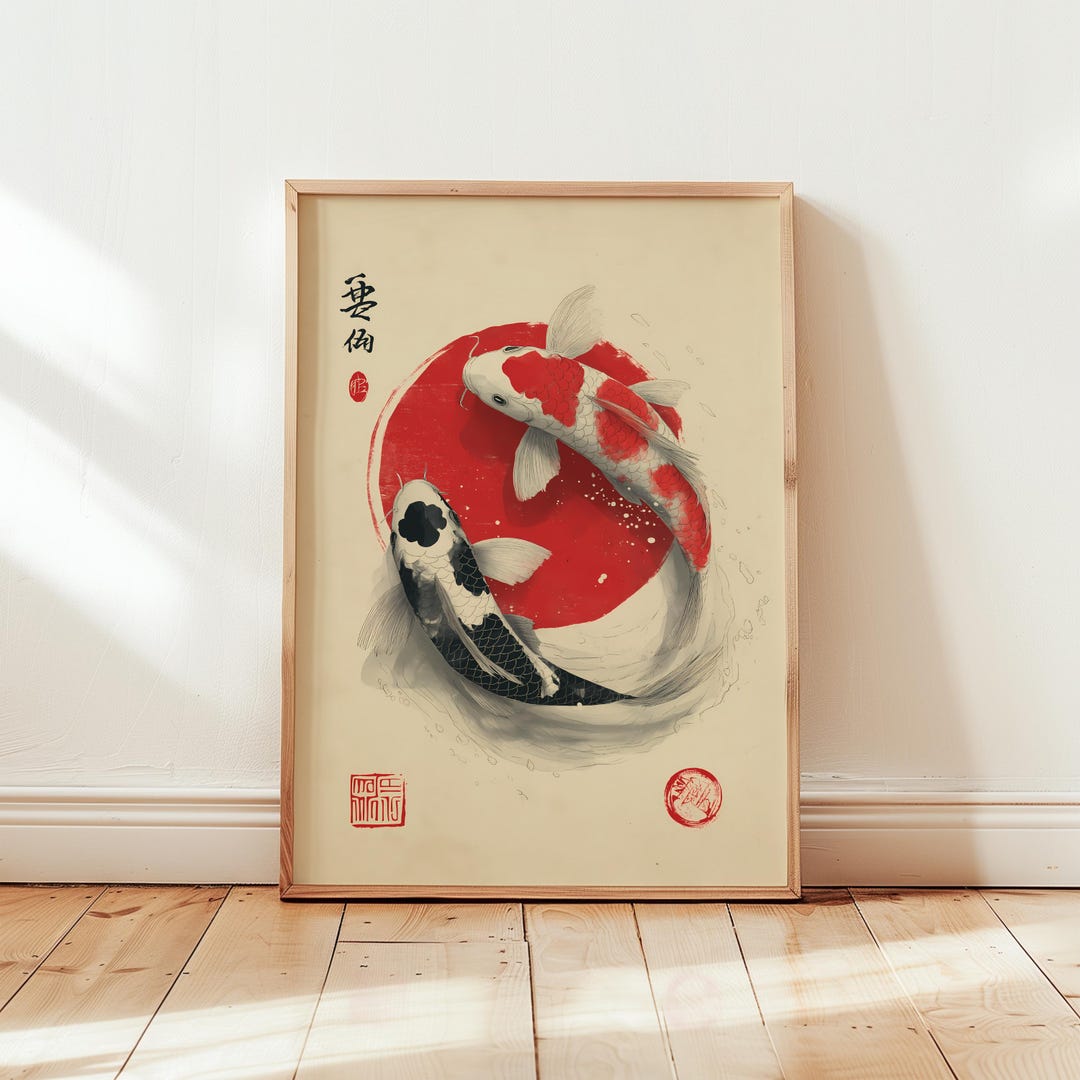 Japanese Koi Fish Wall Art – Zen Ink Painting Print, Asian Decor ...