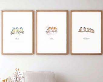 3er-Set Vogelabdrücke, Wandkunst der British Garden Birds, Blaumeise Robin Spatz, Natur-Wanddekor, neutrales minimalistisches Galerie-Set