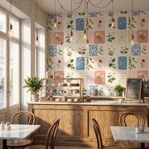 May include: A cozy cafe interior with a wooden counter, display case of pastries, and a chalkboard menu. The wallpaper features floral patterns in pink, blue, and white. Overhead, several Edison bulb pendant lights hang from the ceiling.