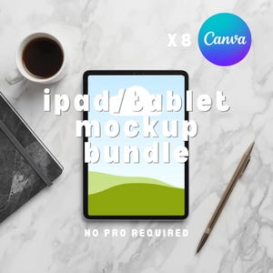 May include: An iPad/tablet mockup bundle is displayed on a marble surface, accompanied by a coffee cup, notebook, and pen. The tablet screen shows a landscape with blue sky and green hills. Text on the screen reads "ipad/tablet mockup bundle" and "NO PRO REQUIRED".