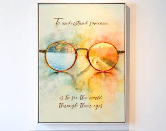 Lámina de arte surrealista en acuarela para imprimir, paisaje simbólico, perspectiva a través de gafas, cita sobre la empatía (descarga digital).