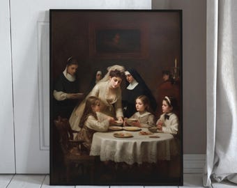Póster enmarcado en negro, Noble victoriana sirviendo a niños, Pintura al óleo clásica, Alegoría moral