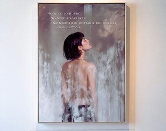 Póster con cita de Virginia Woolf, escena de ducha con niebla, estilo de pintura al óleo melancólica, arte mural literario