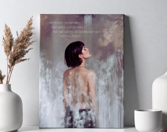 Lienzo con cita de Virginia Woolf, escena de ducha con niebla, estilo de pintura al óleo melancólico, arte mural literario