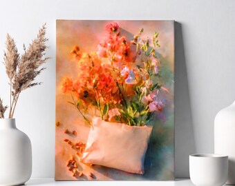 Lienzo impreso con ramo de flores, naturaleza muerta floral cálida, arte impresionista suave, semillas y flores.