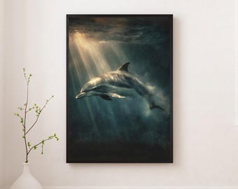 Póster enmarcado negro con delfines, escena submarina iluminada por el sol, pintura oceánica con ambiente melancólico, arte de la vida marina.
