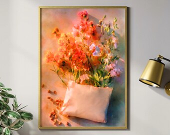 Póster de ramo de flores, naturaleza muerta floral cálida, arte impresionista suave, semillas y flores.
