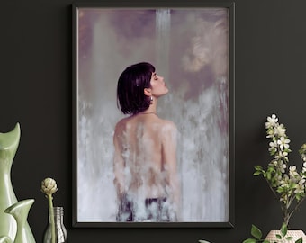 Póster enmarcado "Mujer vista de espaldas", arte figurativo contemporáneo, estilo pintura al óleo, marco de madera negra.