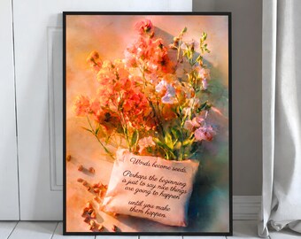 Póster con marco negro de ramo de flores, naturaleza muerta cálida, arte impresionista suave, cita de afirmación positiva.
