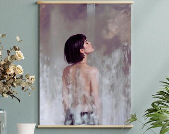 Póster Mujer vista desde atrás, arte figurativo contemporáneo, estilo pintura al óleo, arte mural introspectivo