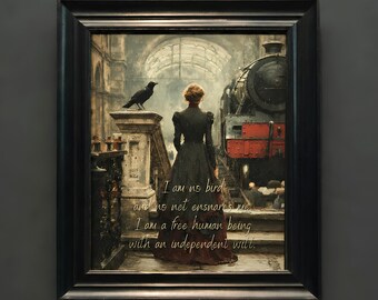 Arte victoriano gótico ferroviario, mujer en la estación de tren, cuervo negro, cita sobre la libertad (descarga digital)