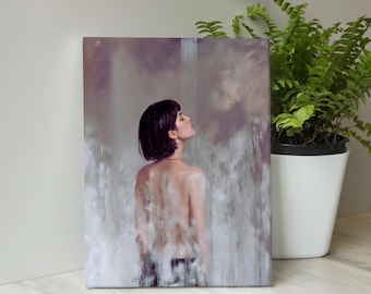 Mujer vista desde atrás sobre lienzo, arte figurativo contemporáneo, estilo pintura al óleo, arte mural introspectivo.