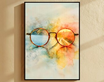 Acuarela surrealista para imprimir, paisaje simbólico, perspectiva a través de gafas, mundos contrastantes (descarga digital)