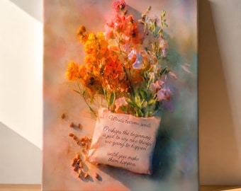 Lienzo impreso con ramo de flores, naturaleza muerta floral cálida, arte impresionista suave, cita de afirmación positiva.