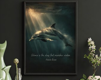 Póster enmarcado negro con delfines, escena submarina iluminada por el sol, pintura oceánica melancólica, cita sobre el silencio y la sabiduría.