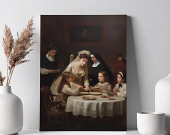 Cuadro de género: Mujer victoriana sirviendo a niños en el comedor de un orfanato.